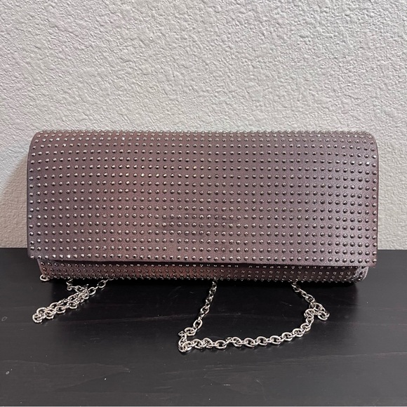 Gunmetal Studded Satin Evening Clutch | Silver Chain Crossbody Envelope Bag - Picture 5 of 14